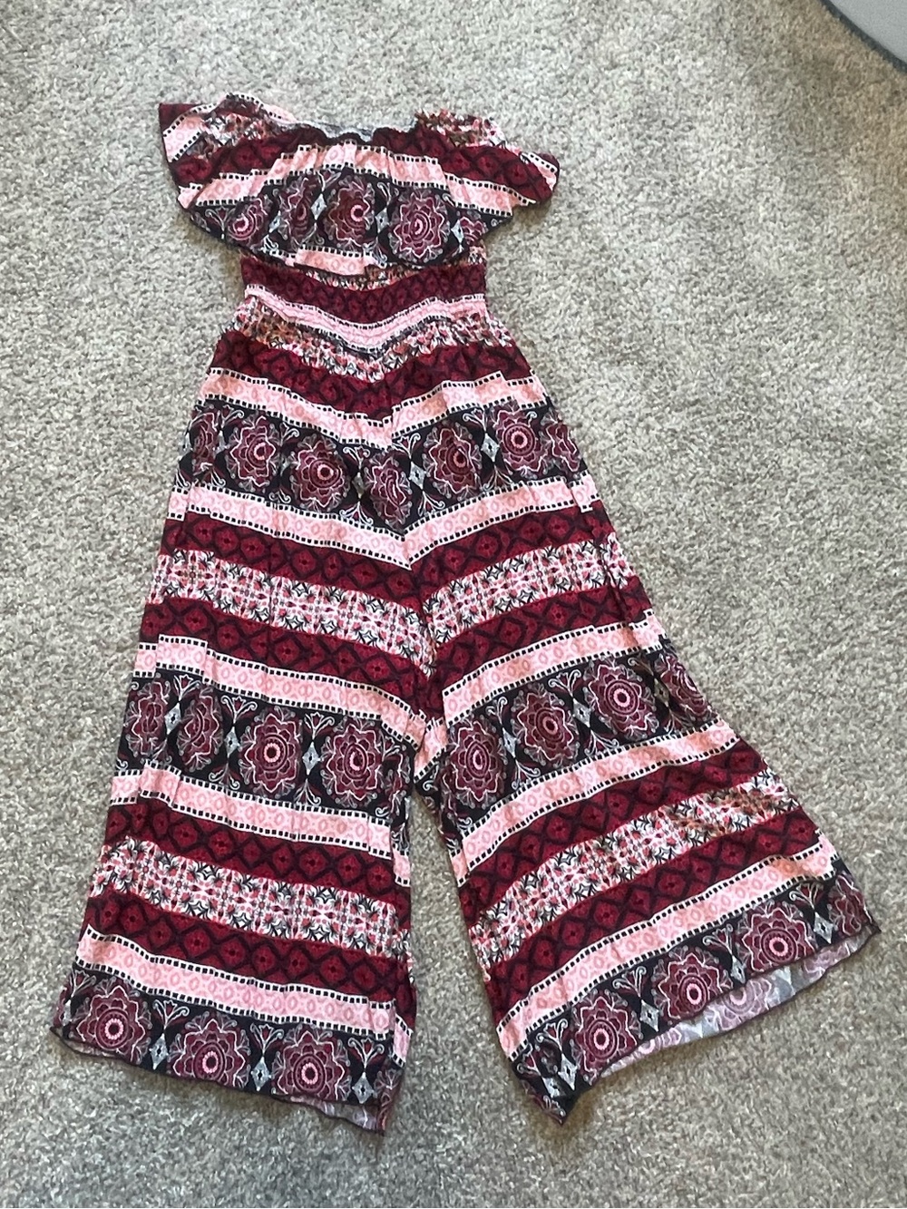 Charlotte Russe Burgundy and Pink Off-Shoulder Wide-Leg Jumpsuit